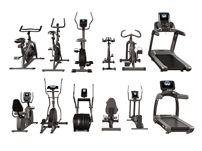 Various Types of Fitness Equipment Including Treadmills Exercise Bikes Elliptical Trainers and Rowing Machines 3d model