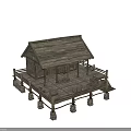 Traditional Ancient Wooden Building With Sloped Tiled Roof Open Platform And Wooden Beam Columns