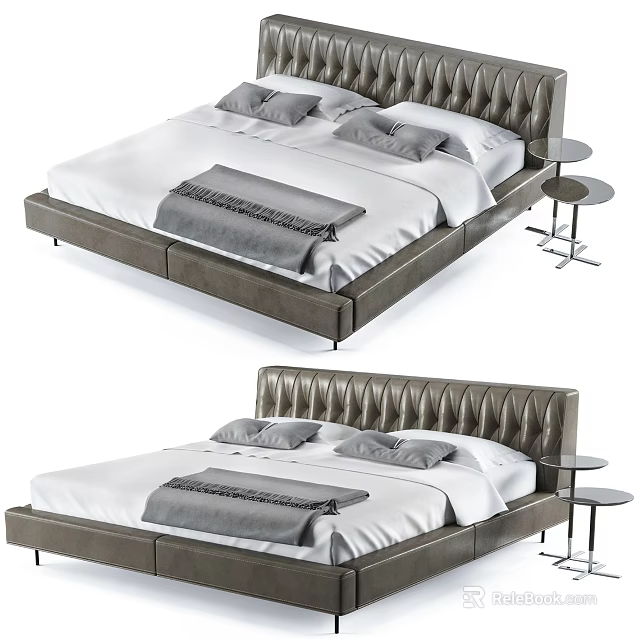 Double Bed With Tufted Headboard White Bedding And Side Tables 3d model