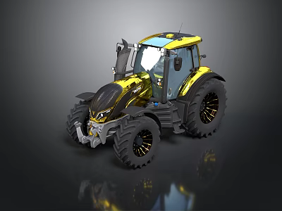 Modern Yellow Tractor With Large Wheels Transparent Cabin And Black Rims 3d model