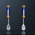Two Hardware Tools Wrenches With Blue And Yellow Handles Metal Heads On Dark Gray Surface
