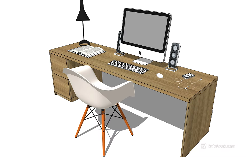 Wooden Desk with Computer Monitor Keyboard Mouse Open Book Table Lamp Speakers and White Chair 3d model 