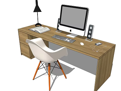 Wooden Desk with Computer Monitor Keyboard Mouse Open Book Table Lamp Speakers and White Chair 3d model