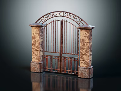 Classic Iron Entrance Gate With Arched Design And Stone Support Pillars 3d model