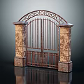 Classic Iron Entrance Gate With Arched Design And Stone Support Pillars