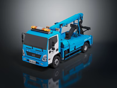 Blue Tow Truck With Yellow Warning Lights White Front And Towing Equipment 3d model