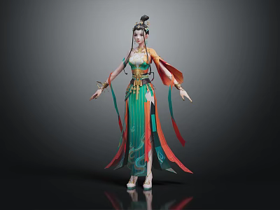 Traditional Chinese Female Character In Colorful Robe With Phoenix Motifs And Floating Ribbons 3d model