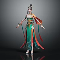 Traditional Chinese Female Character In Colorful Robe With Phoenix Motifs And Floating Ribbons