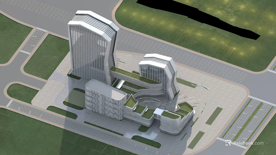Modern Office Building Complex With Green Roofs And Curved Architectural Structures 3d model