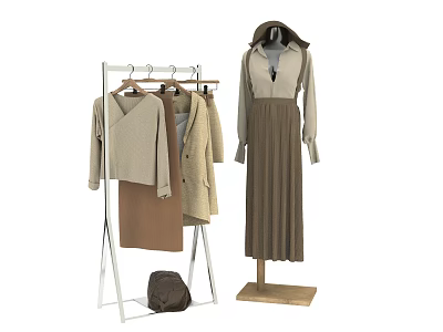 Fashion Mannequin Wearing Long Sleeve Top And Pleated Skirt With Clothing Rack And Handbag 3d model