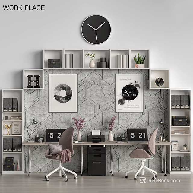 Modern Office Desk Interior With Bookshelves Wall Clock Art Prints And Potted Plants 3d model 