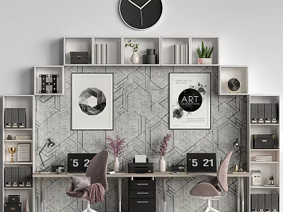 Modern Office Desk Interior With Bookshelves Wall Clock Art Prints And Potted Plants 3d model