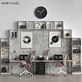 Modern Office Desk Interior With Bookshelves Wall Clock Art Prints And Potted Plants