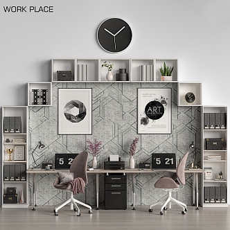 Double Desk Bookshelf Clock Desk Chair 3d model