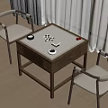 Wooden Entertainment Table With Chessboard Pieces And Two Chairs In Modern Indoor Setting