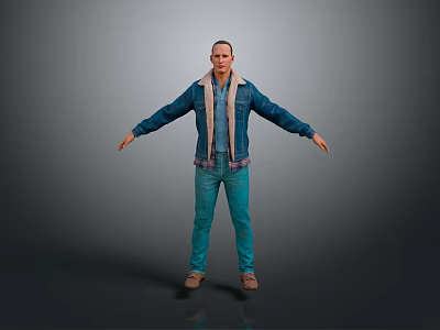 Game Character Male Wearing Blue Denim Jacket Fleece Lining Blue Jeans Brown Shoes Arms Outstretched 3d model
