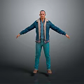 Game Character Male Wearing Blue Denim Jacket Fleece Lining Blue Jeans Brown Shoes Arms Outstretched