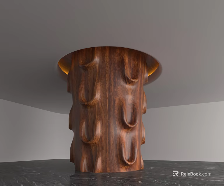 Unique Carved Wooden Column With Warm Lighting In Modern Interior Space 3d model 