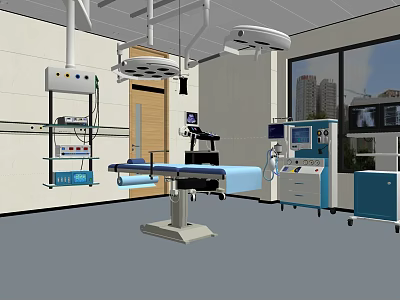 Modern Operating Room Interior With Surgical Lights Operating Table And Medical Equipment 3d model