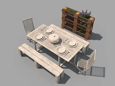 Wooden Outdoor Table with Chairs Bench Plates Container and Wooden Shelf with Green Plants 3d model