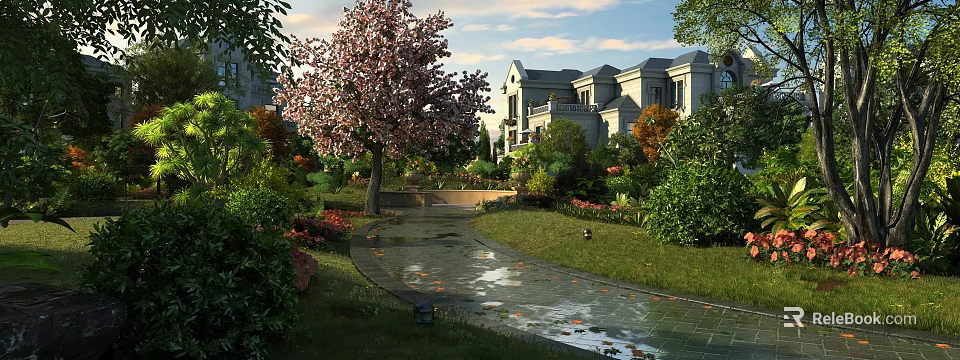 Garden Landscape With Winding Path Pink Flowering Tree Green Lawn Shrubs And Distant Mansion 3d model 