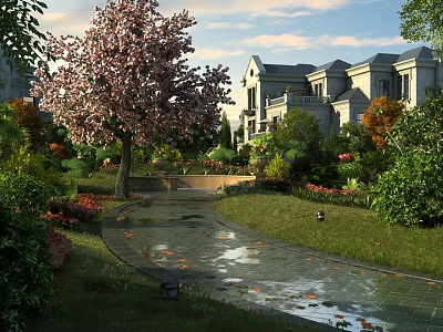 Garden Landscape With Winding Path Pink Flowering Tree Green Lawn Shrubs And Distant Mansion 3d model