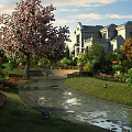 Garden Landscape With Winding Path Pink Flowering Tree Green Lawn Shrubs And Distant Mansion