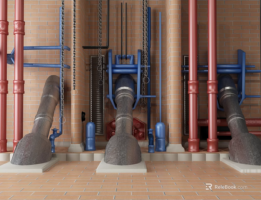 Red And Blue Industrial Metal Pipes Mounted On Brick Wall With Brackets 3d model 