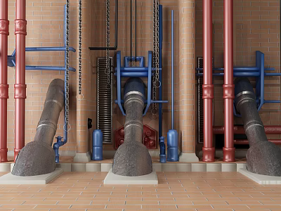 Red And Blue Industrial Metal Pipes Mounted On Brick Wall With Brackets 3d model