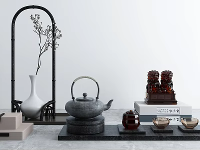 Traditional Tea Set Display With Teapot Teacups Vase And Lion Figurines On Black Stand 3d model