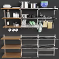 Stainless Steel Kitchenware Storage Rack With Plates Cups Pans And Cutting Boards 3d model