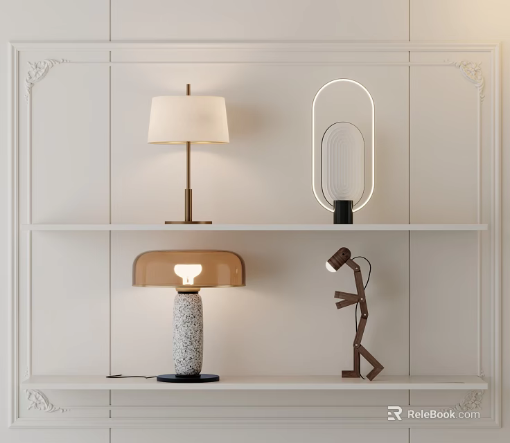 Stylish Table Lamps With Different Designs On White Decorative Shelf 3d model 