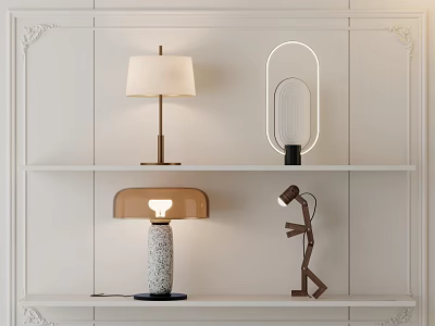 Stylish Table Lamps With Different Designs On White Decorative Shelf 3d model