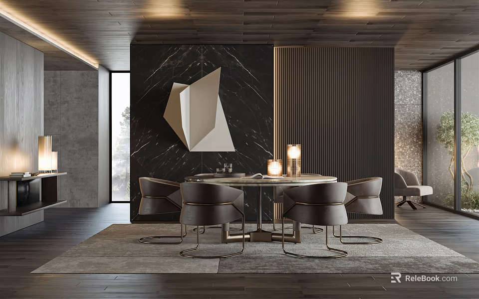 Modern Restaurant Interior With Round Dining Table Gray Chairs Geometric Wall Art And Ambient Lighting 3d model 