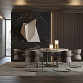 Modern Restaurant Interior With Round Dining Table Gray Chairs Geometric Wall Art And Ambient Lighting