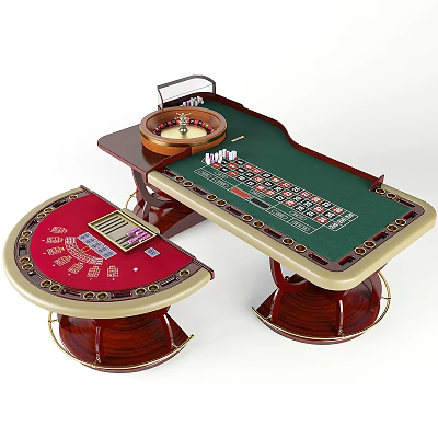 Casino Gaming Tables With Wooden Base Green Red Felt Surfaces And Roulette Wheel 3d model Casino Gaming Tables With Wooden Base Green Red Felt Surfaces And Roulette Wheel 3d model