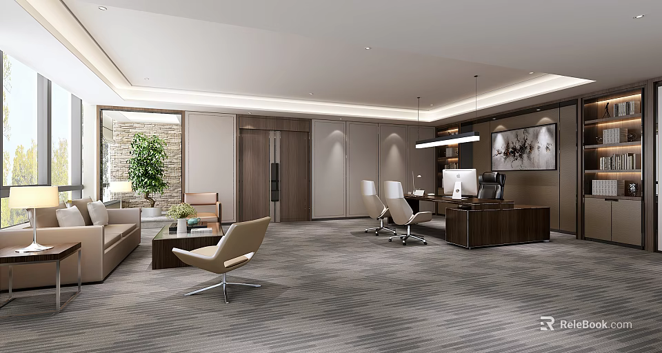 Modern Office Interior Design With Wooden Desk Leather Chairs And Green Plants 3d model 