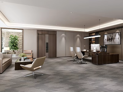 Modern Office Interior Design With Wooden Desk Leather Chairs And Green Plants 3d model