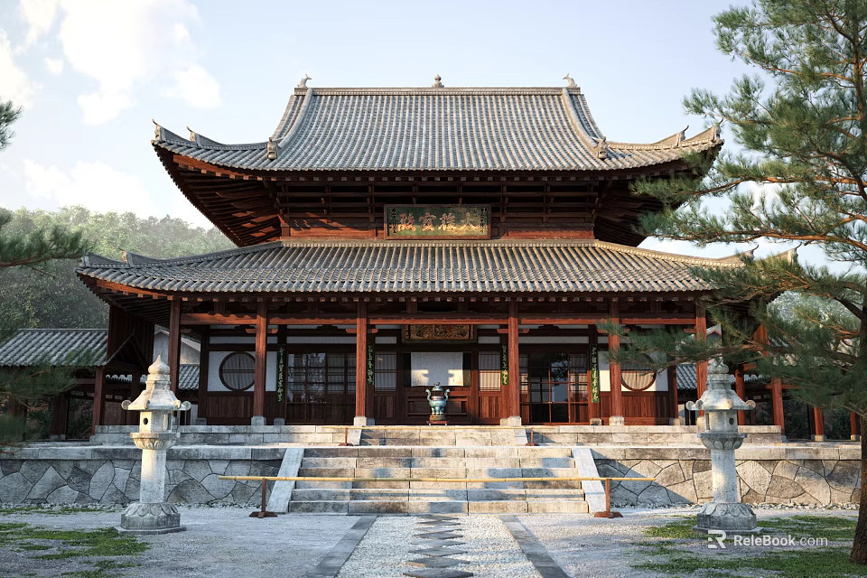 Traditional Ancient Chinese Architecture With Wooden Structure Curved Eaves Tiled Roof And Stone Lanterns 3d model 
