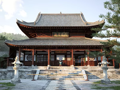 Traditional Ancient Chinese Architecture With Wooden Structure Curved Eaves Tiled Roof And Stone Lanterns 3d model