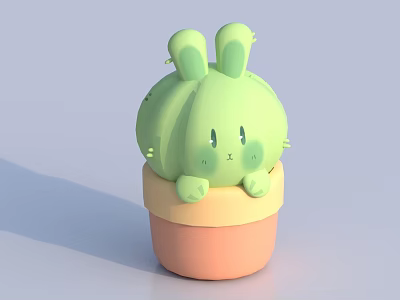 Cute Green Cactus Doll With Rabbit Ears In Orange Flower Pot 3d model