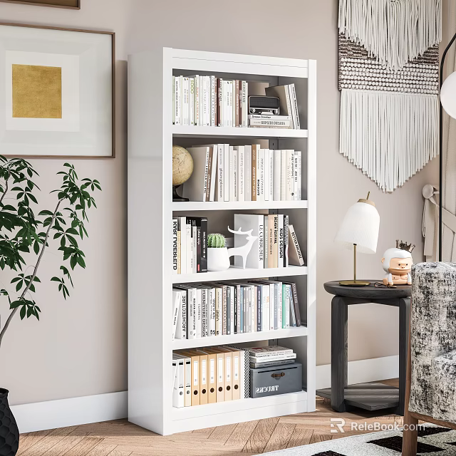 Stylish White Bookshelf Interior With Books Decorative Items Green Plant Wall Art And Tassel Tapestry 3d model 