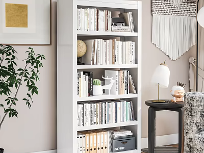 Stylish White Bookshelf Interior With Books Decorative Items Green Plant Wall Art And Tassel Tapestry 3d model