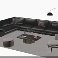 Modern Brown Leather L shaped Sofa Coffee Table Set with Marble Top and Accent Chair