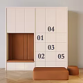 White Storage Cabinet with Numbered Compartments Open Brown Interior and Padded Stools on Wooden Floor