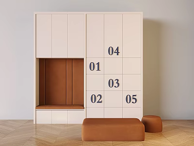 White Storage Cabinet with Numbered Compartments Open Brown Interior and Padded Stools on Wooden Floor 3d model
