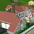 Detached Villa With Red Roof Swimming Pool Green Lawn And Wooden Bridge