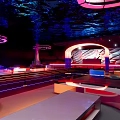 Modern Bar With Deep Blue Purple Lighting Starry Cosmic Ceiling Circular Neon Decorations And Seating