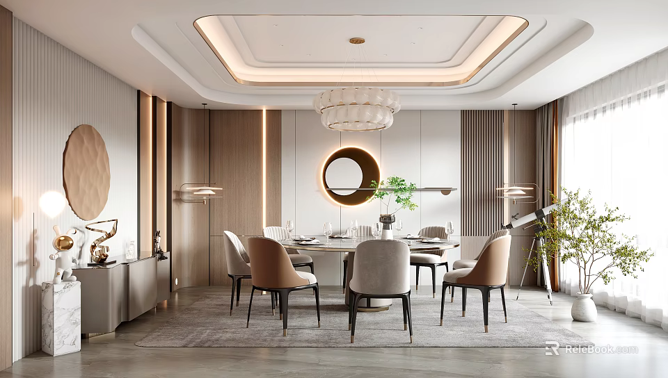 Elegant Private Dining Room With Circular Mirror Chandelier Dining Chairs And Green Plants 3d model 