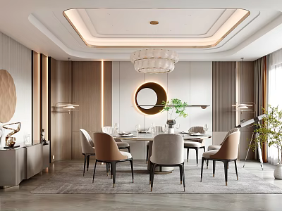 Elegant Private Dining Room With Circular Mirror Chandelier Dining Chairs And Green Plants 3d model